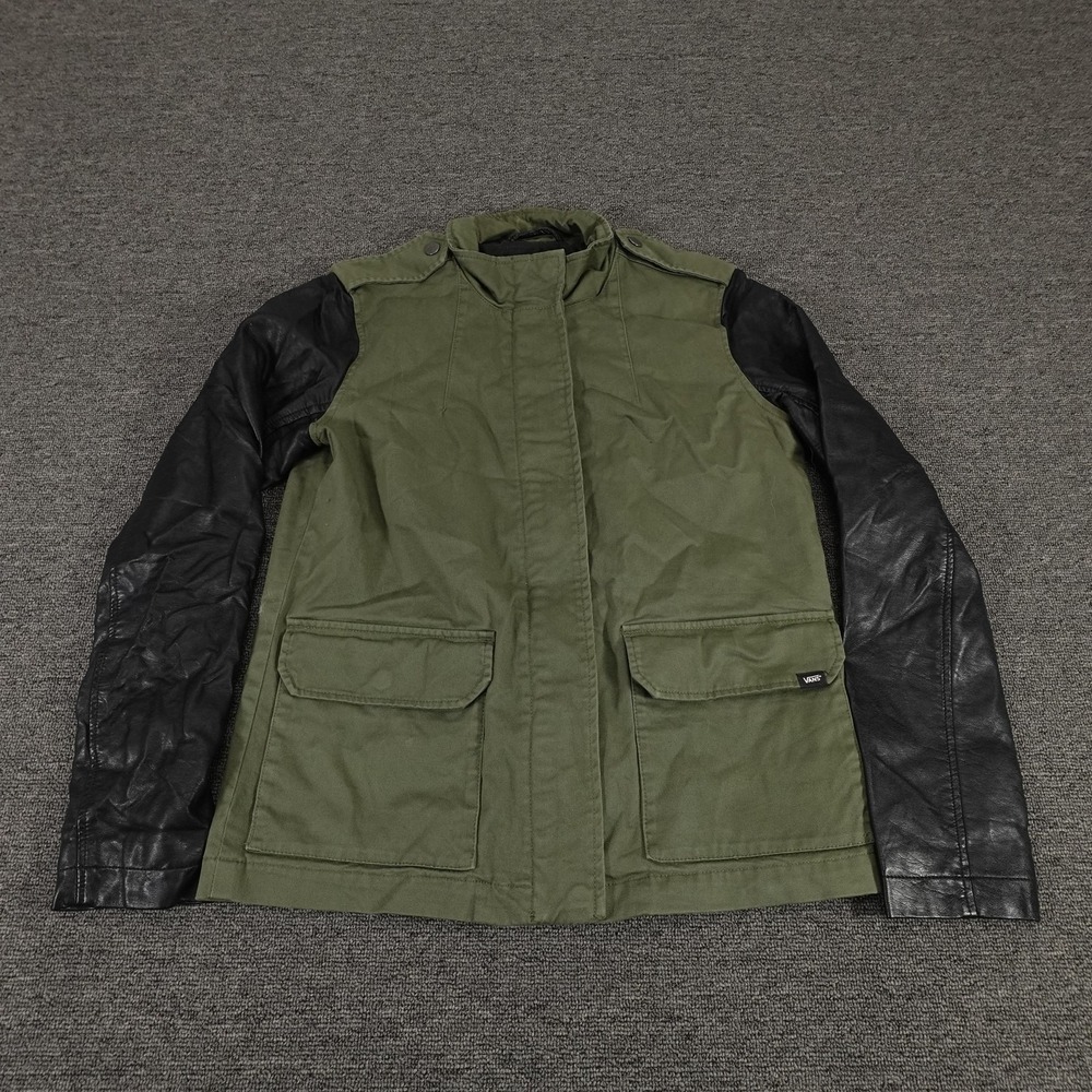 Vans Jacket Womens Medium Green Canvas Faux Leather Sleeves Military Style